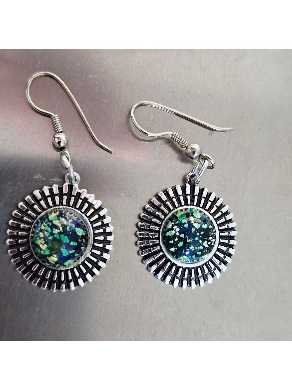 VINTAGE Colorful Druzy Cabs Silver Pierced Earrings